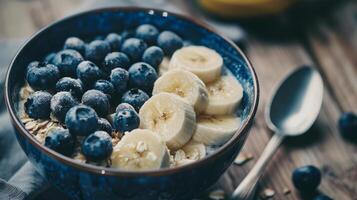 a breakfast bowl with blueberries and bananas, a breakfast bowl with blueberries and bananas. photo