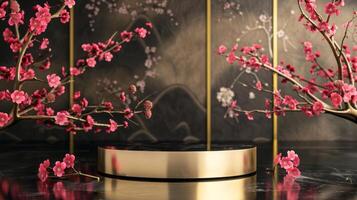 empty 3D cylinder pedestal display scene Japanese, Background full of plum and cherry blossom, Golden display podium on silk photo