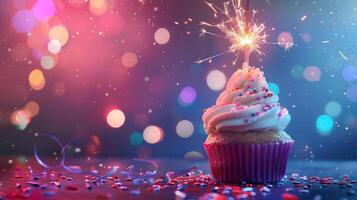 Delicious birthday cupcake with burning sparkler and space for text on soft neon background. photo