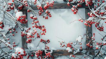 Snow-covered board frame framed by branches with red berries covered in frost. Copy space. photo