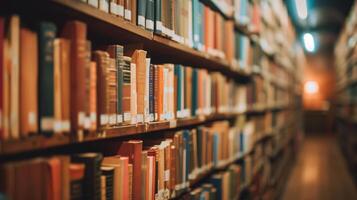 muchos libros en un estante en un biblioteca. foto