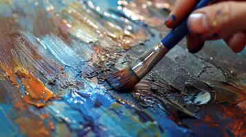 Art fair, close-up of artist's brush on canvas, creative expression in action. photo