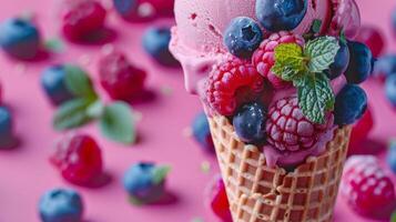 An ice cream cone adorned with blueberries, raspberries, and mint set against a vibrant backdrop, serving as a representation of a cool and fruity summer treat. photo