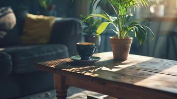 a cup of coffee sitting on top of a wooden table next to a couch and a potted plant on top of a wooden table. photo