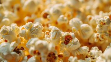 gastrónomo palomitas de maiz a cine, de cerca de mantecoso textura, película noche básico. foto