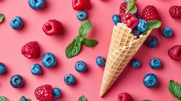 An ice cream cone adorned with blueberries, raspberries, and mint set against a vibrant backdrop, serving as a representation of a cool and fruity summer treat. photo