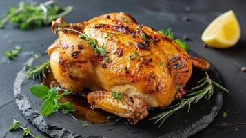 Frisch gebackenes ganzes Hahnchen mit Honigsauce, Freshly baked whole chicken adorned with honey sauce photo