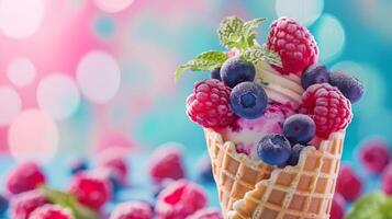 An ice cream cone adorned with blueberries, raspberries, and mint set against a vibrant backdrop, serving as a representation of a cool and fruity summer treat. photo