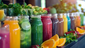 Health resort fresh juice bar, close-up of colorful smoothies, vibrant and fresh. photo