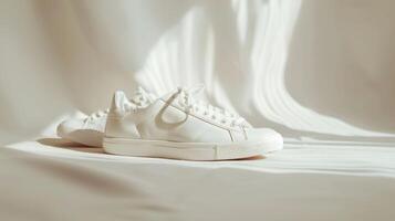 llanura neutral tonificado blanco entrenadores zapatillas en boho minimalista fondo, para bienestar aptitud yo cuidado espacio, mínimo estético, producto fotografía foto