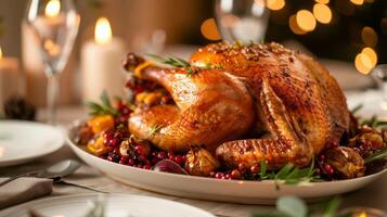 Frisch gebackenes ganzes Hahnchen mit Honigsauce, Freshly baked whole chicken adorned with honey sauce photo
