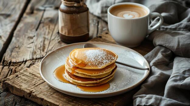Rustic Cafe Morning Breakfast Coffee and Pancakes, Table Backdrop Background Neutral Minimalist Simple Minimal Color, Beige, Tan, White photo