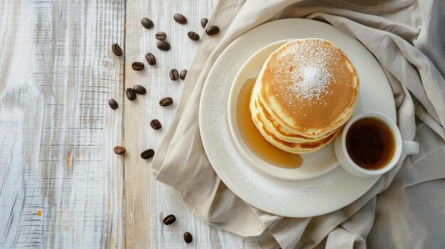 Rustic Cafe Morning Breakfast Coffee and Pancakes, Table Backdrop Background Neutral Minimalist Simple Minimal Color, Beige, Tan, White photo