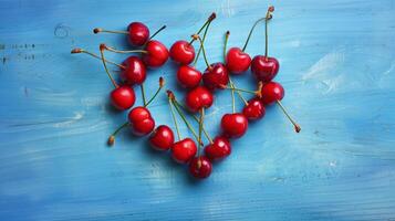 Heart shape made from ripe cherry fruits on a blue background. photo