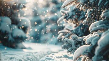 beautiful New Year's white winter background with snow-covered fir trees in the forest close-up and a path between them, bokeh and space for text photo