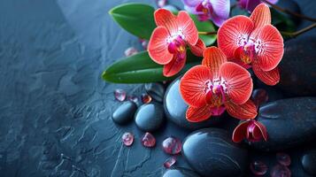 spa tratamiento concepto. flores de orquídea y piedras hermosa antecedentes con Copiar espacio. foto