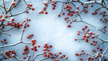 Snow-covered board frame framed by branches with red berries covered in frost. Copy space. photo