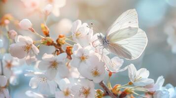 White butterfly on a flowering cherry branch. photo