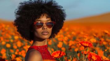 Eine Frau mit Afrofrisur und Sonnenbrille steht in einem Feld mit orangefarbenen Blumen,A woman with an afro and sunglasses stands in a field of orange flowers photo