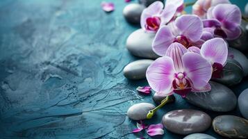 Spa treatment concept. Flowers of orchid and stones. Beautiful background with copy space. photo