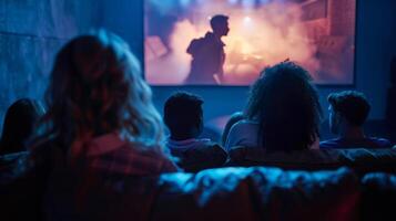 A group of people gathered together to enjoy a movie projected on a large screen. This image can be used to depict a movie night, cinema experience, or community event. photo