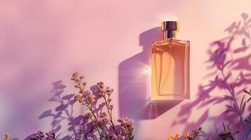 Transparent bottle of perfume with empty label on pastel gradient background. Fragrance trending concept with copyspace for text, natural materials flowers plant shadows. Women's and men's photo