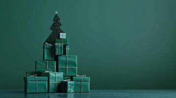 Green christmas presents and gifts stacked into a festive christmas tree shape. photo