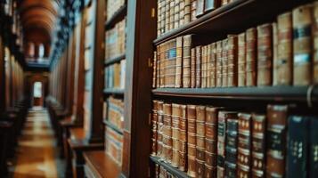 muchos libros en un estante en un biblioteca. foto