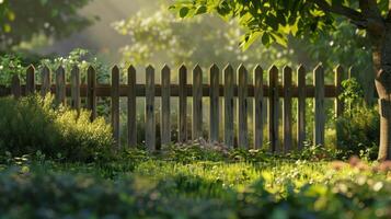 Serene garden scene with sunlit wooden fence and lush greenery in early morning. photo