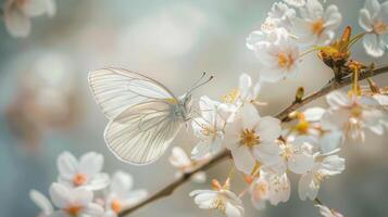 blanco mariposa en un floración Cereza rama. foto