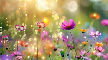 vistoso flor prado con rayos de sol y bokeh luces en verano - naturaleza antecedentes bandera con Copiar espacio foto