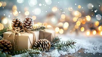 christmas and new year background - gift boxes and pine cones and branches on the background of bokeh garlands. photo