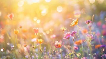 vistoso flor prado con rayos de sol y bokeh luces en verano - naturaleza antecedentes bandera con Copiar espacio foto