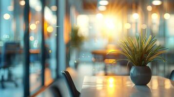 Beautiful blurred background of a light modern office interior with panoramic windows and beautiful lighting. photo