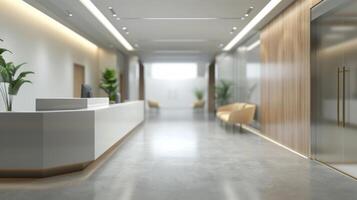 Beautiful blurred background of a light modern office interior with panoramic windows and beautiful lighting. photo