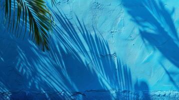 azul pared con sombra desde palma árbol. foto
