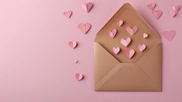 love letter envelope with paper craft hearts - flat lay on pink valentines or anniversary background with copy space. photo