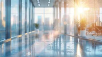 Beautiful blurred background of a light modern office interior with panoramic windows and beautiful lighting. photo