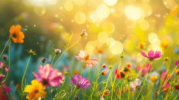 vistoso flor prado con rayos de sol y bokeh luces en verano - naturaleza antecedentes bandera con Copiar espacio foto