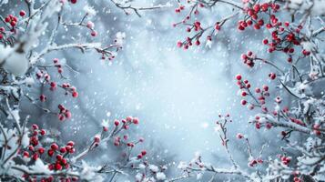 Snow-covered board frame framed by branches with red berries covered in frost. Copy space. photo