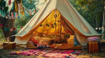 Boho Festival Bell Tents, Colorful Slow Living, Summer Hippy Aesthetic. photo