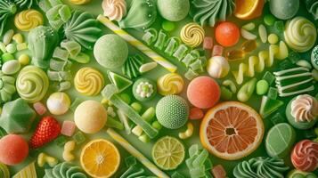 Pile of variety of delicious candies, green candies, lollipops and sweets. photo