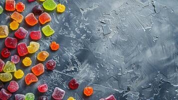 Colorful candies, jelly, and marmalade on a stone backdrop, seen from above with space for text. photo