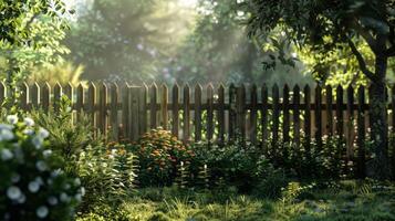 Serene garden scene with sunlit wooden fence and lush greenery in early morning photo