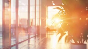 Beautiful blurred background of a light modern office interior with panoramic windows and beautiful lighting. photo