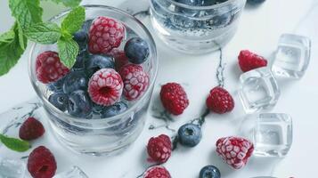 two glasses filled with blueberries and raspberries next to mint leaves and ice cubes on a marble surface. photo