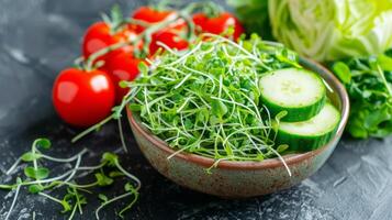 Summer green healthy salad with avocado, arugula microgreens, cucumber, cabbage and tomatoes. photo