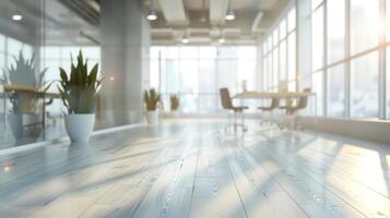 Beautiful blurred background of a light modern office interior with panoramic windows and beautiful lighting. photo