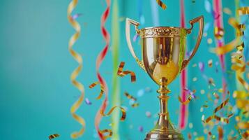 Golden trophy and streamers, business and competition concept, blue background. photo