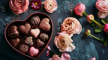 Luxury valentine chocolates in heart shaped gift box and tender flowers. photo